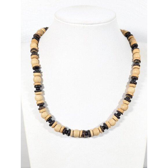 Estate Jewelry - Y2K Brown Wood Bead Surfer Style Necklace Beach Coastal 18 in